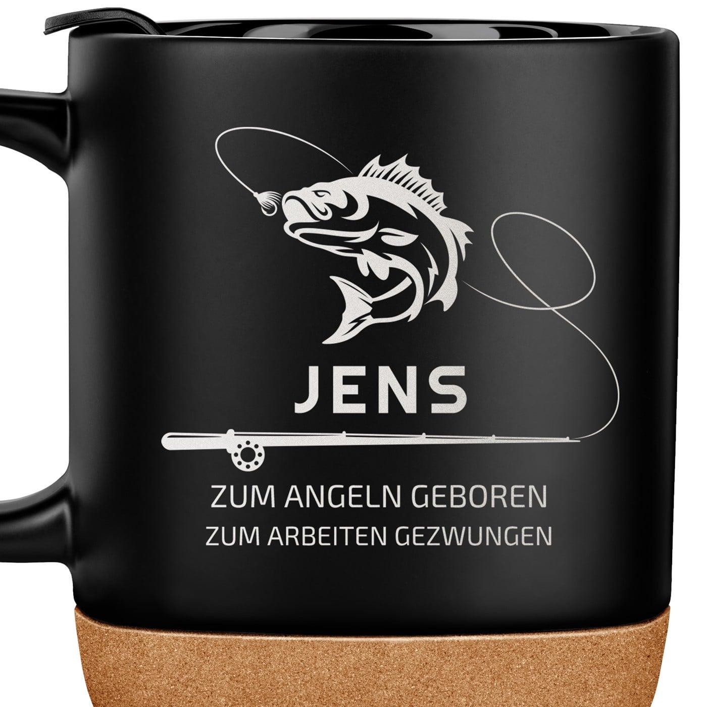 Kaffeebecher mit Aufdruck Schwarz/Matt mit Korkboden für einen Angler