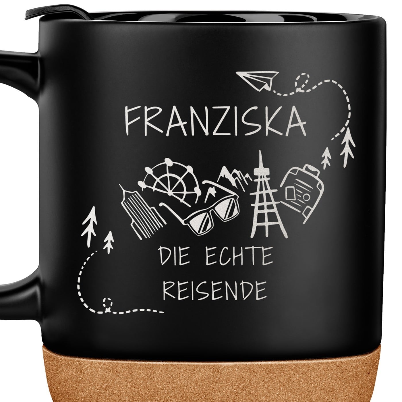 Kaffeebecher mit Aufdruck Schwarz/Matt mit Korkboden für eine Reisende