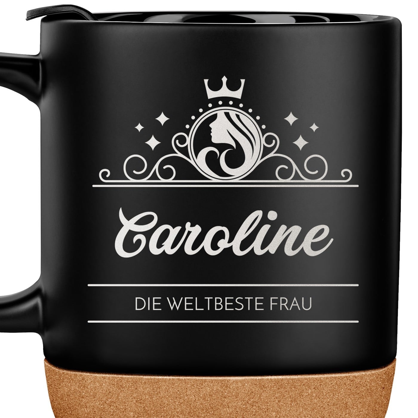 Kaffeebecher mit Aufdruck Schwarz/Matt mit Korkboden für sie zum Frauentag