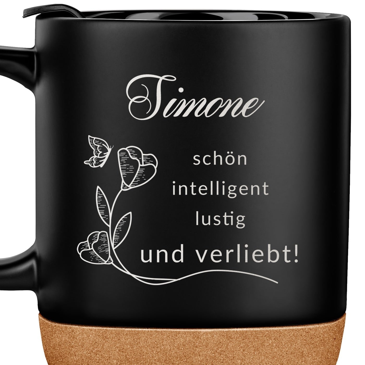 Kaffeebecher mit Aufdruck Schwarz/Matt mit Korkboden für Ihre Ehefrau, Freundin zum Jahrestag