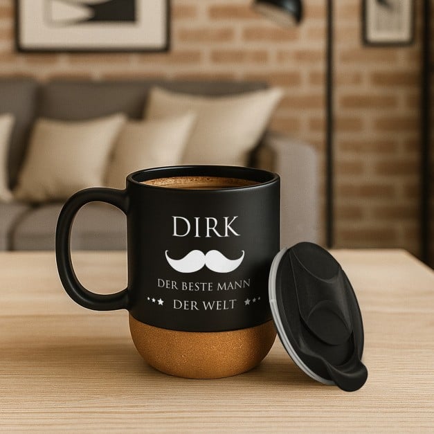 Kaffeebecher mit Aufdruck Schwarz/Matt mit Korkboden für Ihren besten Freund