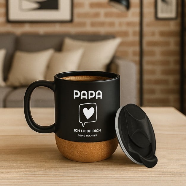 Kaffeebecher mit Aufdruck Schwarz/Matt mit Korkboden für Ihren Papa zum Vatertag