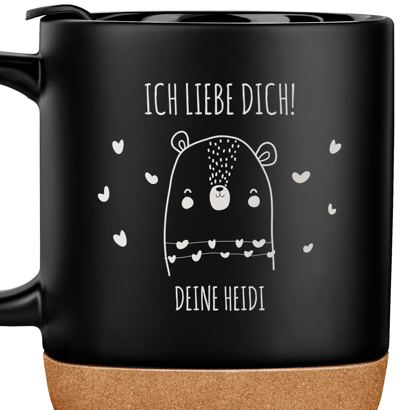 Kaffeebecher mit Aufdruck Schwarz/Matt mit Korkboden für ihn zum Valentinstag Hochzeitstag Ehrentag