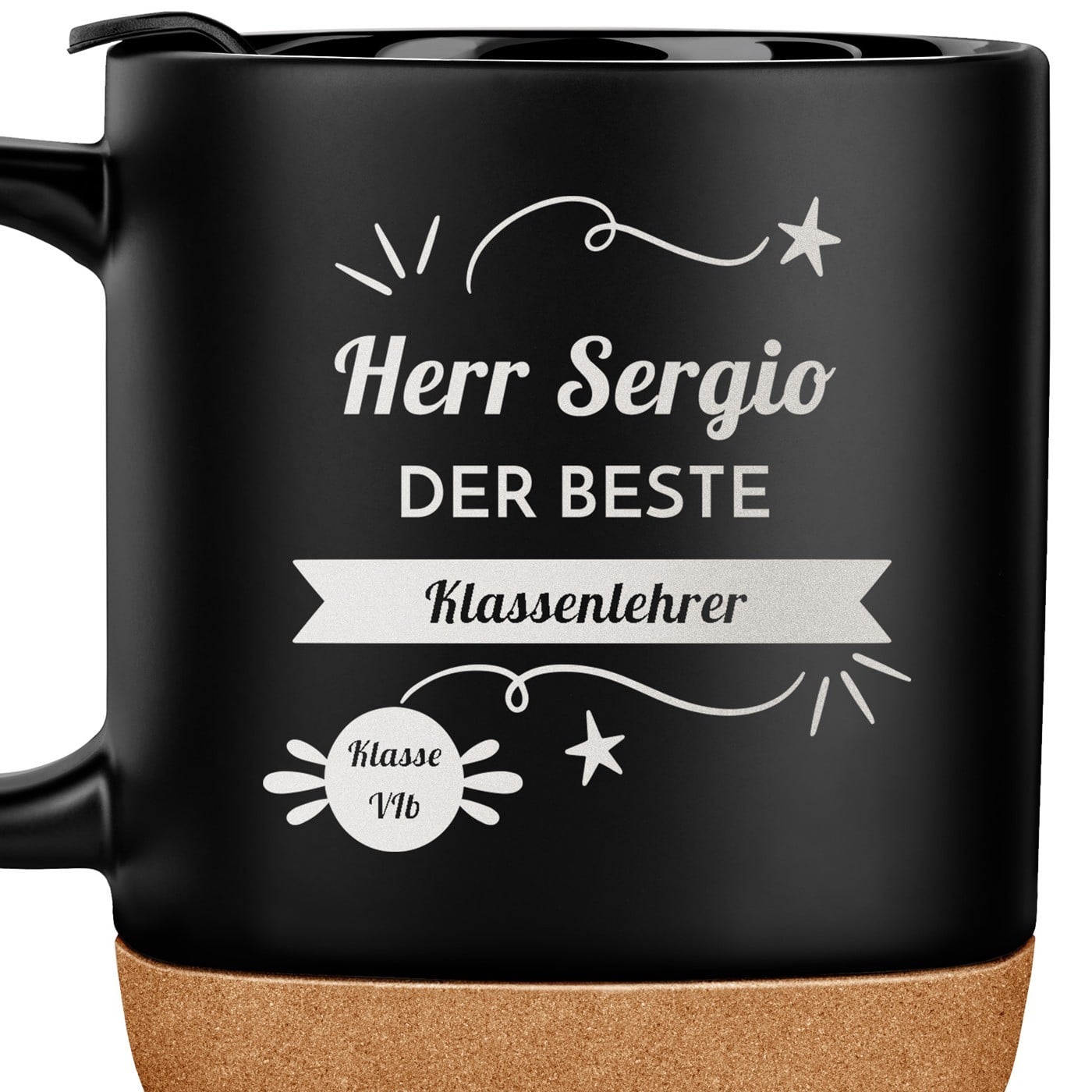 Kaffeebecher mit Aufdruck Schwarz/Matt mit Korkboden für Ihren Lehrer zum Lehrertag