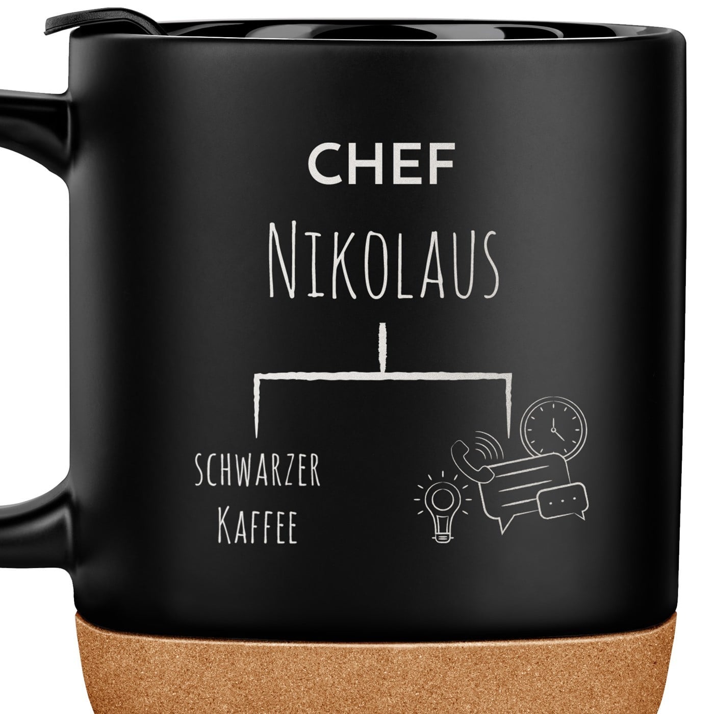 Kaffeebecher mit Aufdruck Schwarz/Matt mit Korkboden für Ihren Chef zum Geburtstag