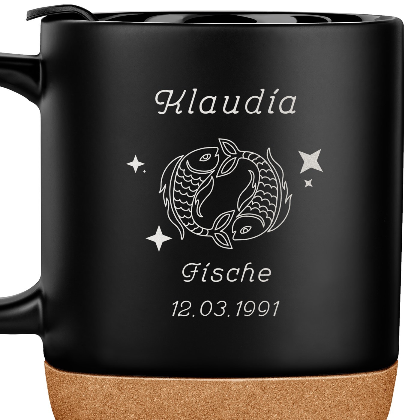 Kaffeebecher mit Aufdruck Schwarz/Matt mit Korkboden für sie zum Geburtstag
