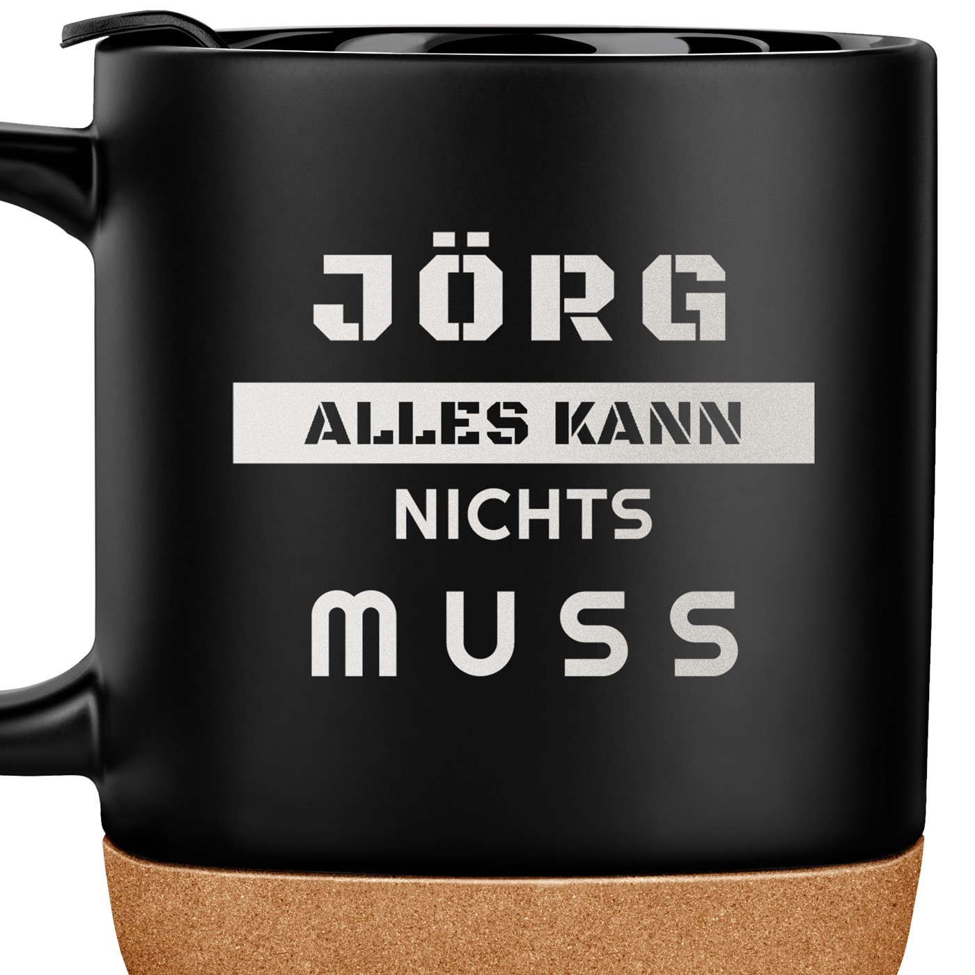 Kaffeebecher mit Aufdruck Schwarz/Matt mit Korkboden für einen Rentner, Magister, Ingenieur