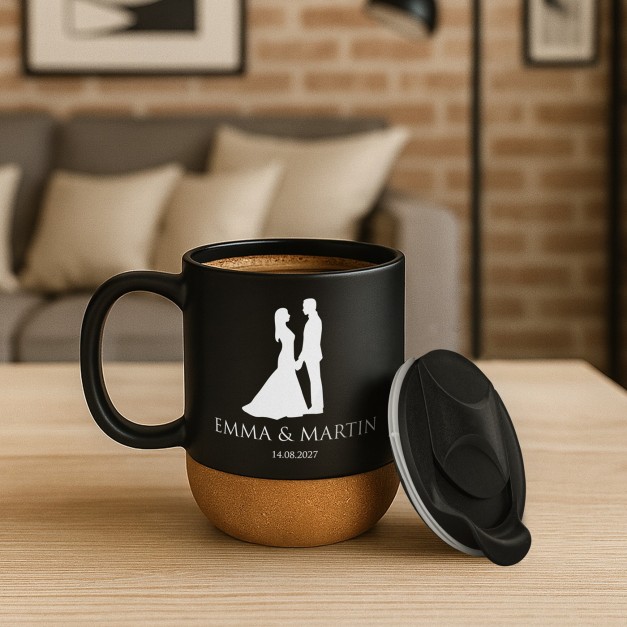 Kaffeebecher mit Aufdruck Schwarz/Matt mit Korkboden für ein Paar, Ihre Ehefrau, Ihren Ehemann zur Hochzeit zum Hochzeitstag