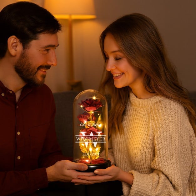 Ewige, rote Rose in Glaskuppel mit LED-Lichtern mit Gravur als ein Dankeschön-Geschenk