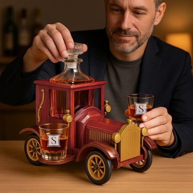 Whisky Karaffe mit 2 gravierbaren Gläsern im Holzwagen für einen Whiskygenießer
