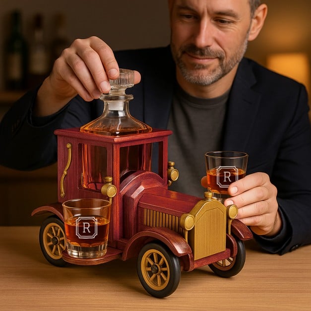 Whisky Karaffe mit 2 gravierbaren Gläsern im Holzwagen für sie ihn