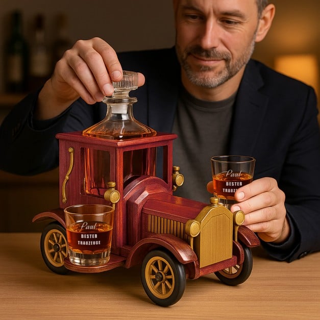 Whisky Karaffe mit 2 gravierbaren Gläsern im Holzwagen für Ihren Trauzeugen als Dankeschön