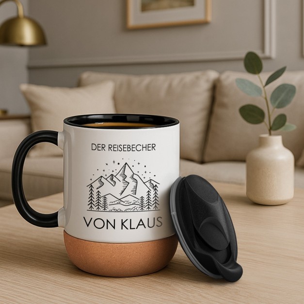 Kaffeebecher mit Foto Weiß/Glänzend mit Korkboden für einen Abenteurer auf Achse zum Geburtstag, Valentinstag