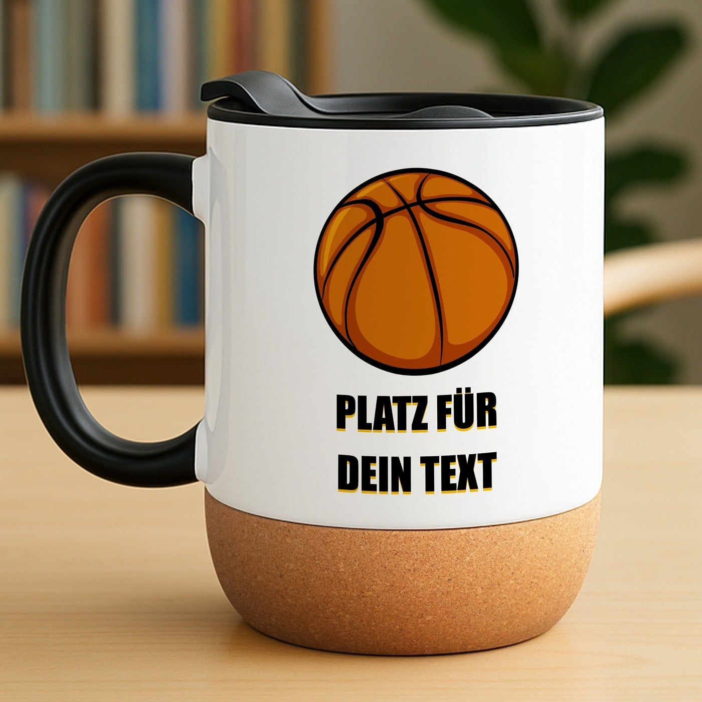 Kaffeebecher mit Aufdruck Weiß/Glänzend mit Korkboden für einen Basketballspieler