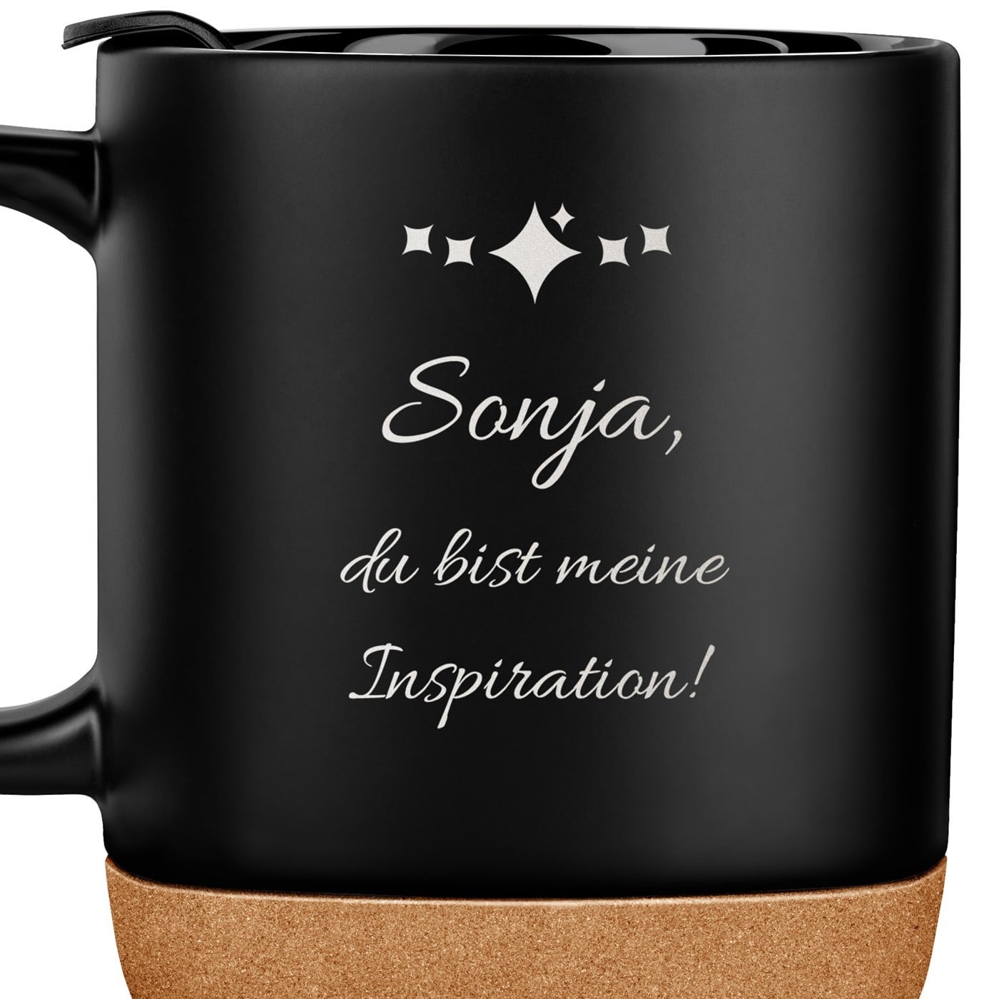 Kaffeebecher mit Aufdruck Schwarz/Matt mit Korkboden für sie zum Frauentag