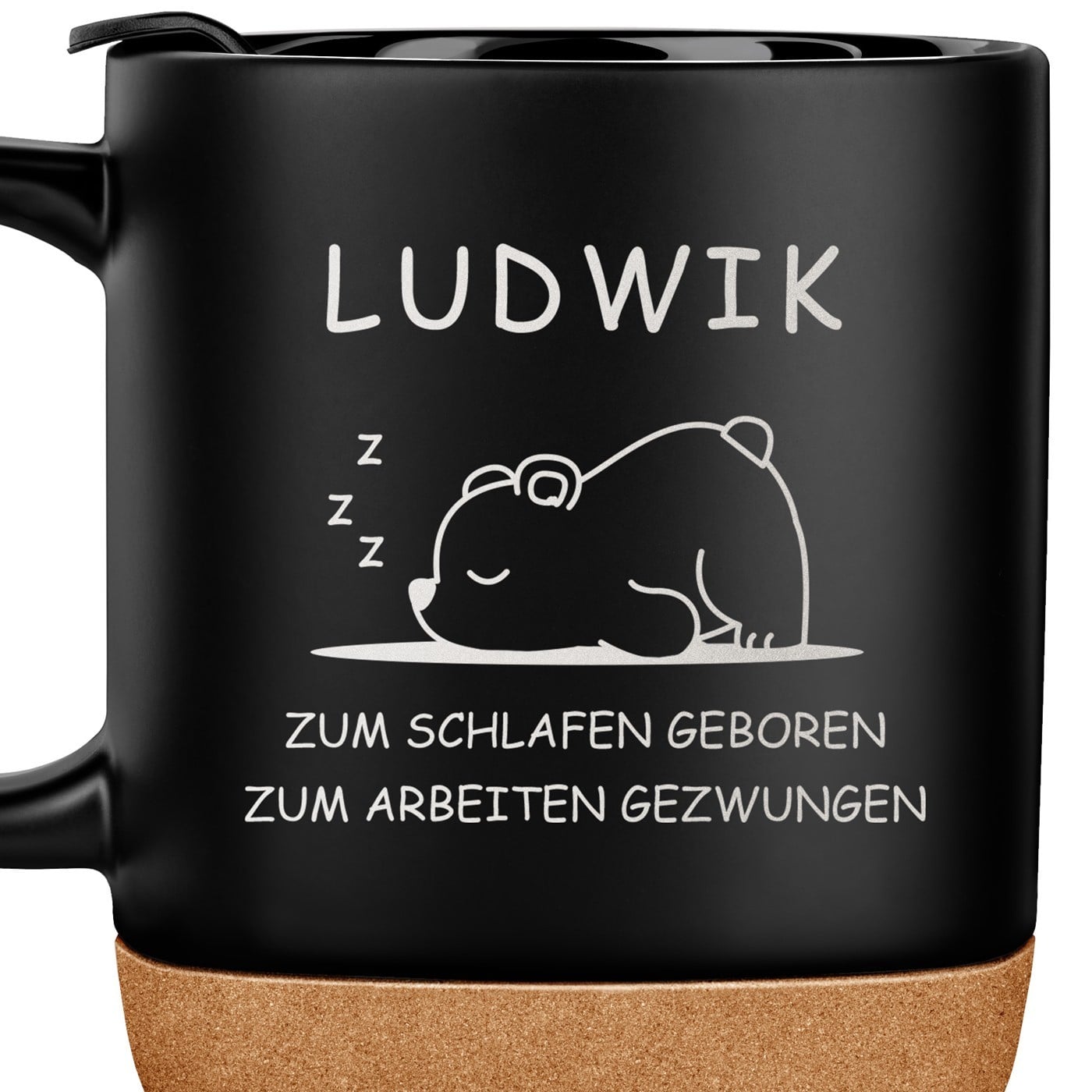 Kaffeebecher mit Aufdruck Schwarz/Matt mit Korkboden für einen Schlafmütze