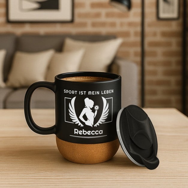 Kaffeebecher mit Aufdruck Schwarz/Matt mit Korkboden für eine Fitnessfrau Sportlerin