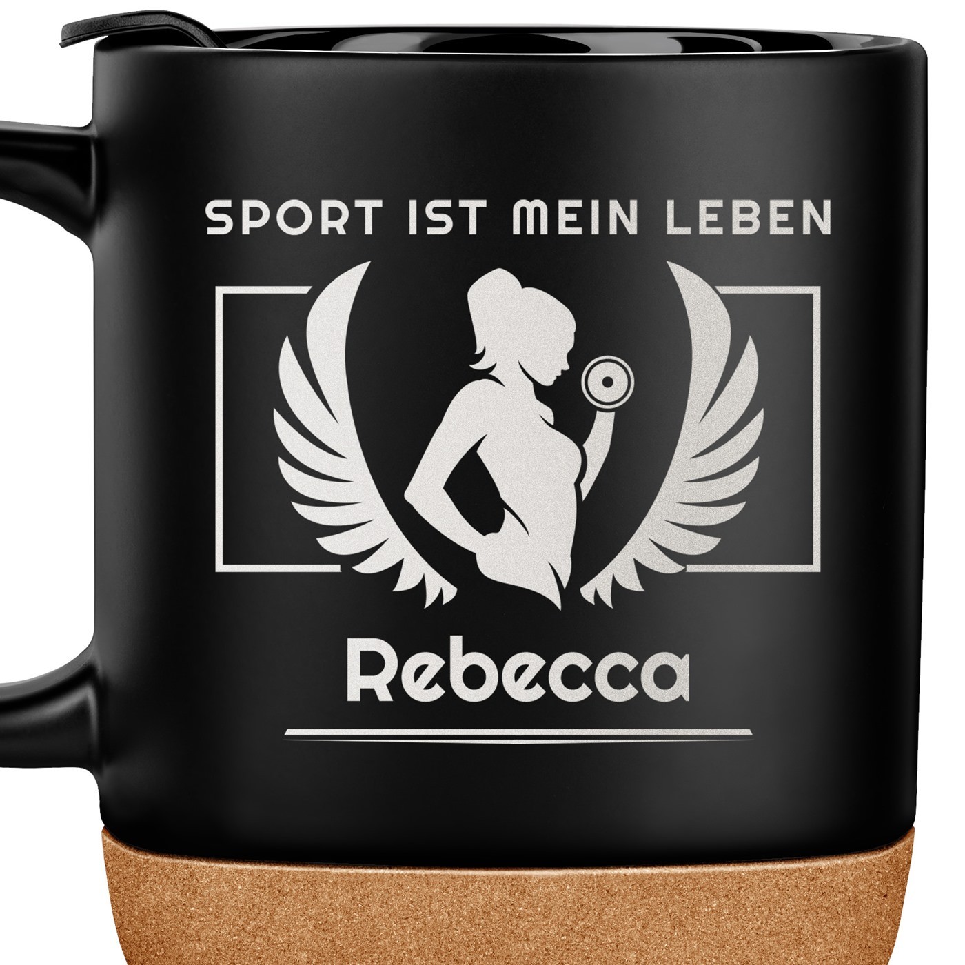 Kaffeebecher mit Aufdruck Schwarz/Matt mit Korkboden für eine Fitnessfrau Sportlerin