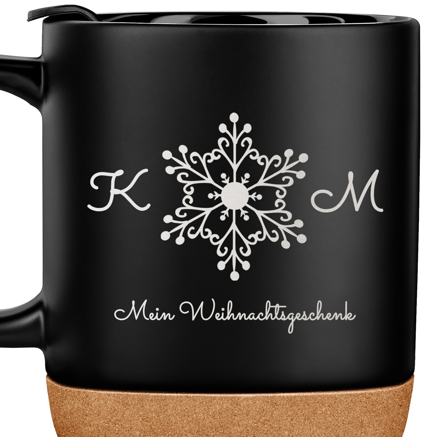 Kaffeebecher mit Aufdruck Schwarz/Matt mit Korkboden für ein Paar zu Weihnachten