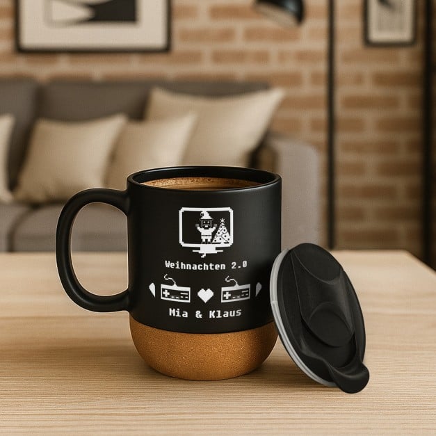 Kaffeebecher mit Aufdruck Schwarz/Matt mit Korkboden für Gamers zu Weihnachten