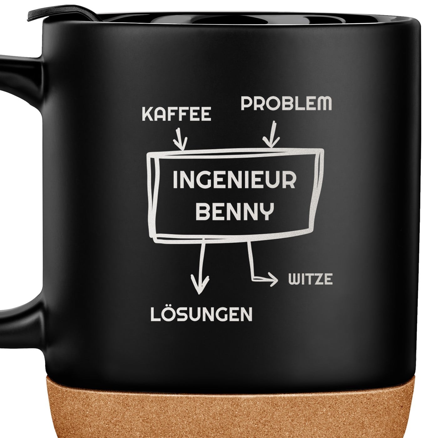 Kaffeebecher mit Aufdruck Schwarz/Matt mit Korkboden für einen Ingenieur