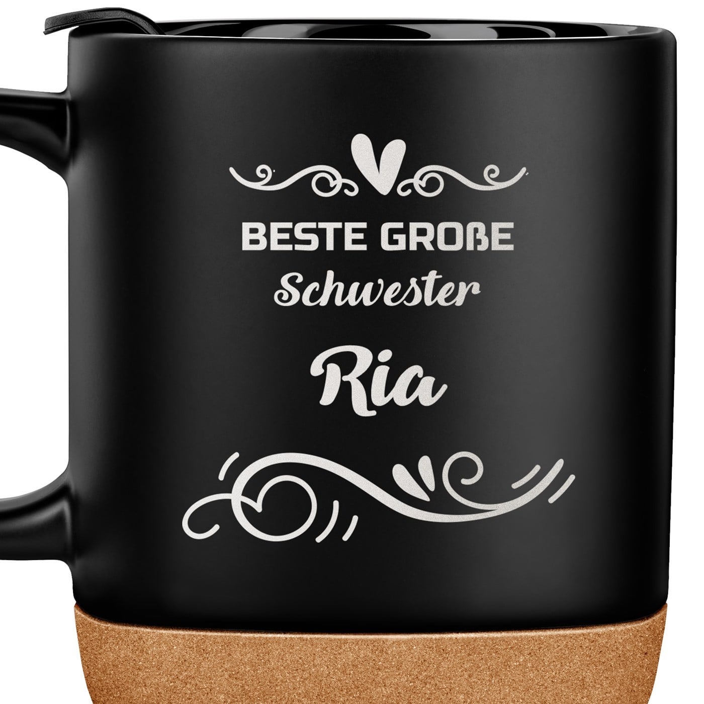 Kaffeebecher mit Aufdruck Schwarz/Matt mit Korkboden für Ihr Schwesterherz