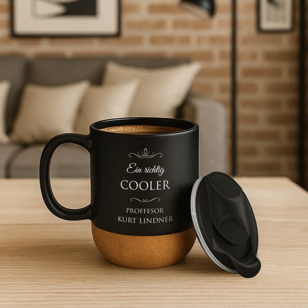 Kaffeebecher mit Aufdruck Schwarz/Matt mit Korkboden für Ihren Betreuer der Masterarbeit