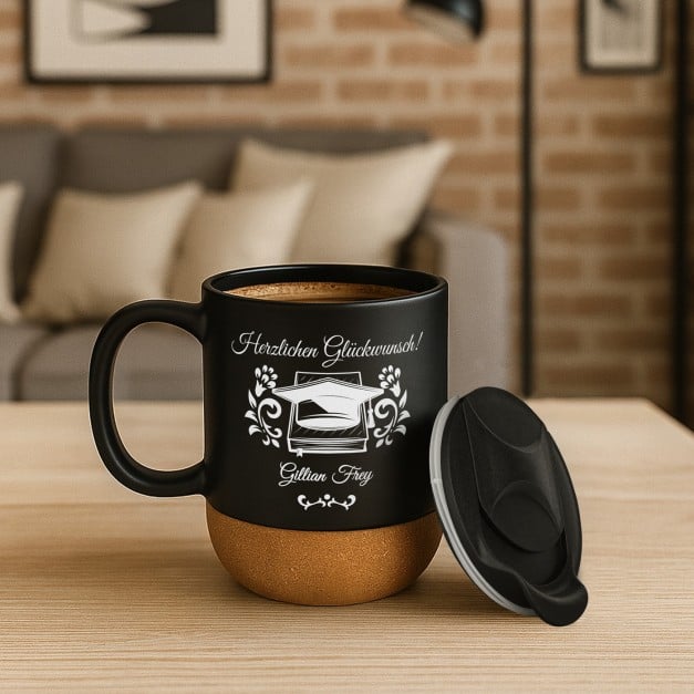 Kaffeebecher mit Aufdruck Schwarz/Matt mit Korkboden zum Hochschulabschluss