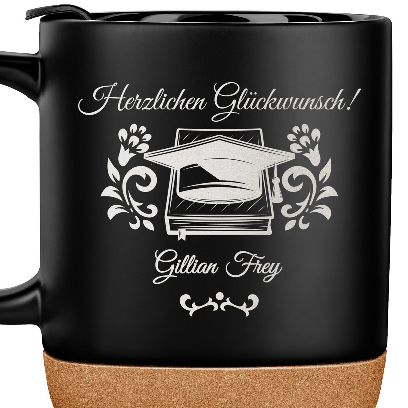 Kaffeebecher mit Aufdruck Schwarz/Matt mit Korkboden zum Hochschulabschluss
