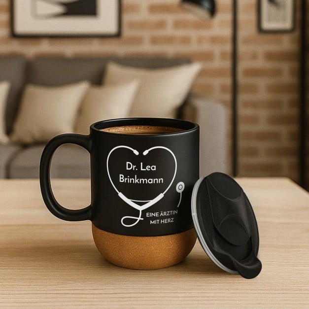Kaffeebecher mit Aufdruck Schwarz/Matt mit Korkboden für eine Ärztin Familienärztin