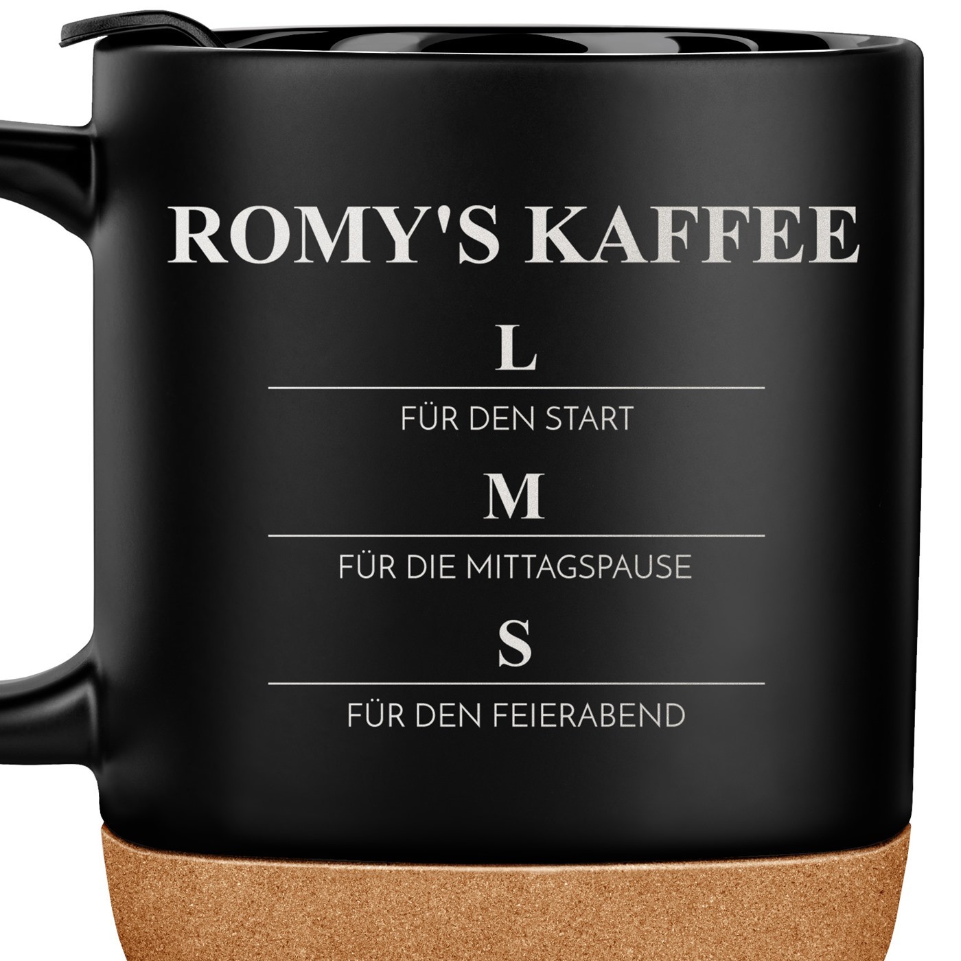Kaffeebecher mit Aufdruck Schwarz/Matt mit Korkboden für sie zum Geburtstag zum neuen Job