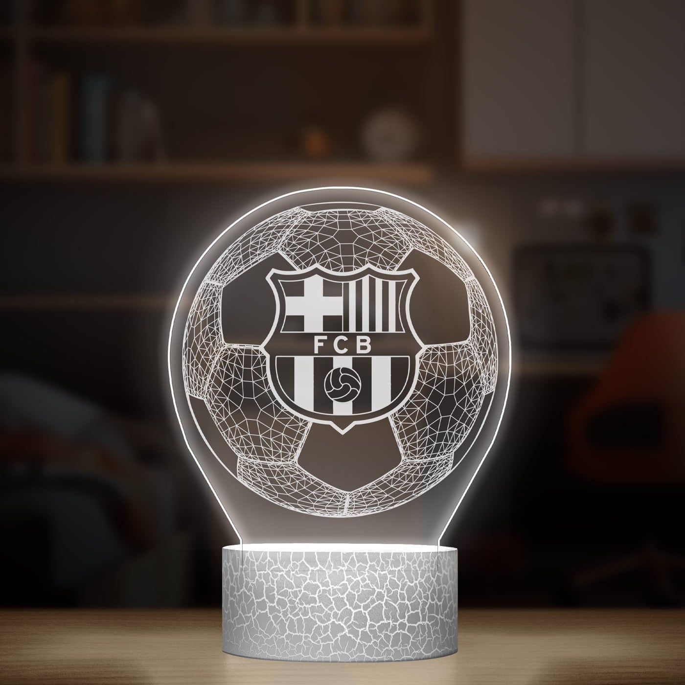 Nachtlicht mit buntem Aufdruck und LED-Sockel für einen Fußballfan von FC Barcelona