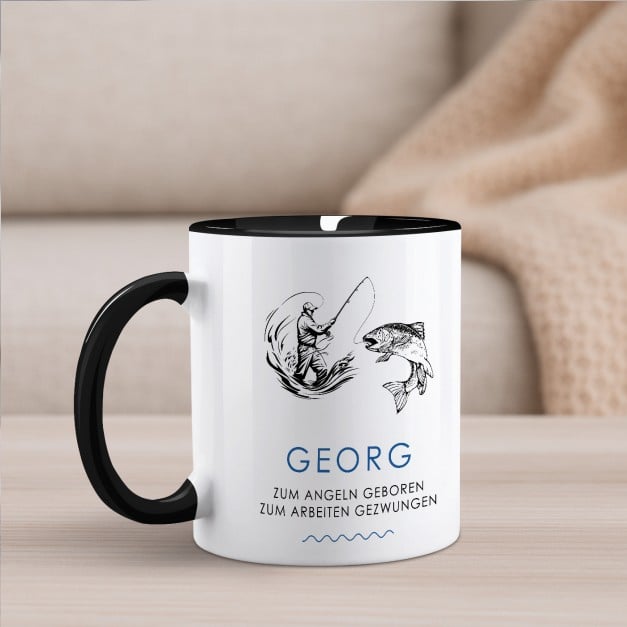 Kaffeebecher mit Aufdruck Weiß/Glänzend Innen Schwarz für einen Angler