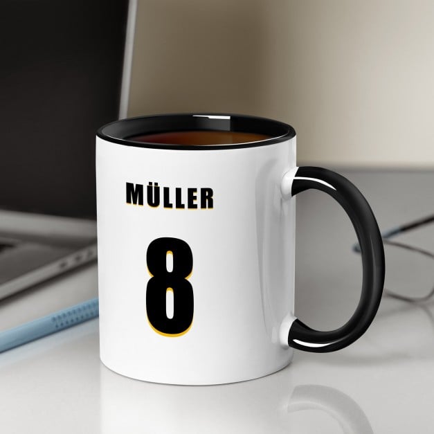 Kaffeebecher mit Aufdruck Weiß/Glänzend Innen Schwarz für ihn einen Fußballspieler zum Geburtstag