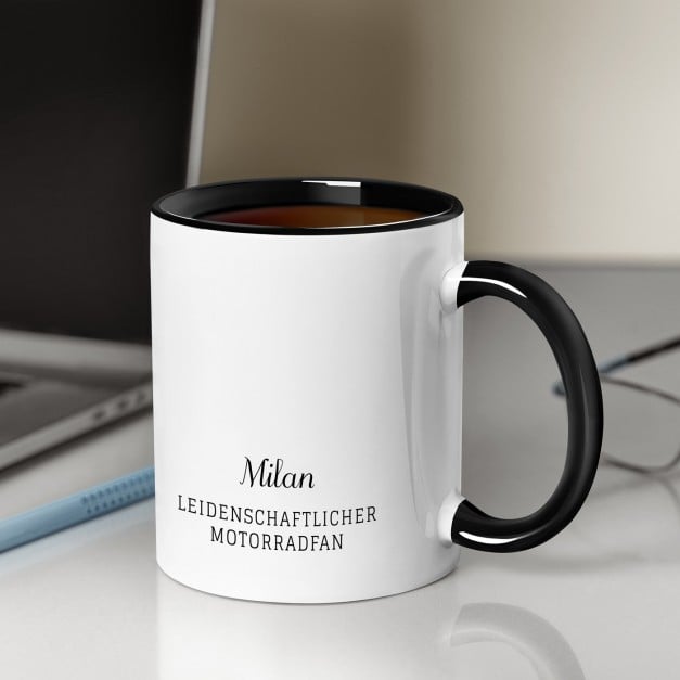 Kaffeebecher mit Aufdruck Weiß/Glänzend Innen Schwarz für einen Motorradfahrer