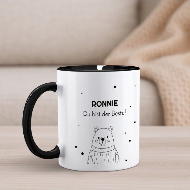 Kaffeebecher mit Aufdruck Weiß/Glänzend Innen Schwarz für ihn zum Geburtstag