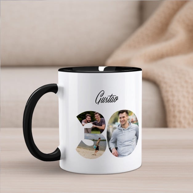 Kaffeebecher mit Aufdruck Weiß/Glänzend Innen Schwarz für ihn zum 30. Geburtstag