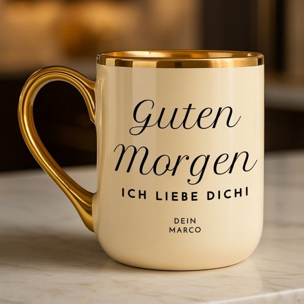 Kaffeebecher mit Goldakzenten und Aufdruck für Ihre Ehefrau zum Geburtstag