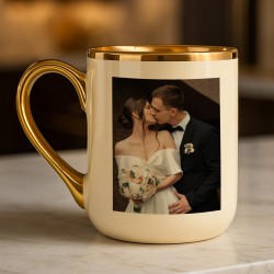 Kaffeebecher mit Goldakzenten und Foto für ein Liebespaar zum Valentinstag Jahrestag