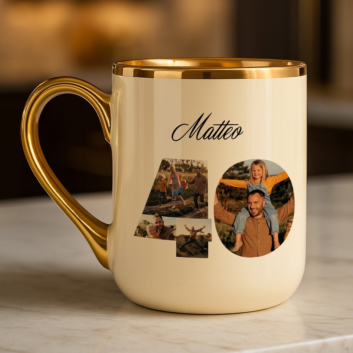 Kaffeebecher mit Goldakzenten und Foto für ihn zum 40. Geburtstag