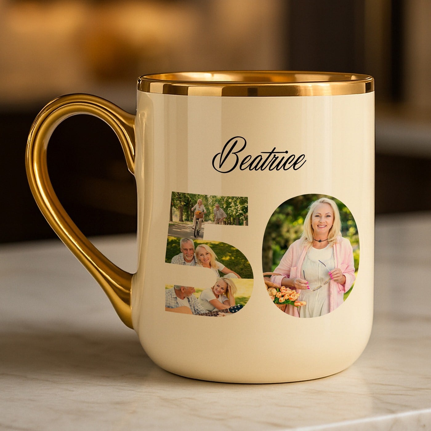 Kaffeebecher mit Goldakzenten und Foto für sie zum 50. Geburtstag