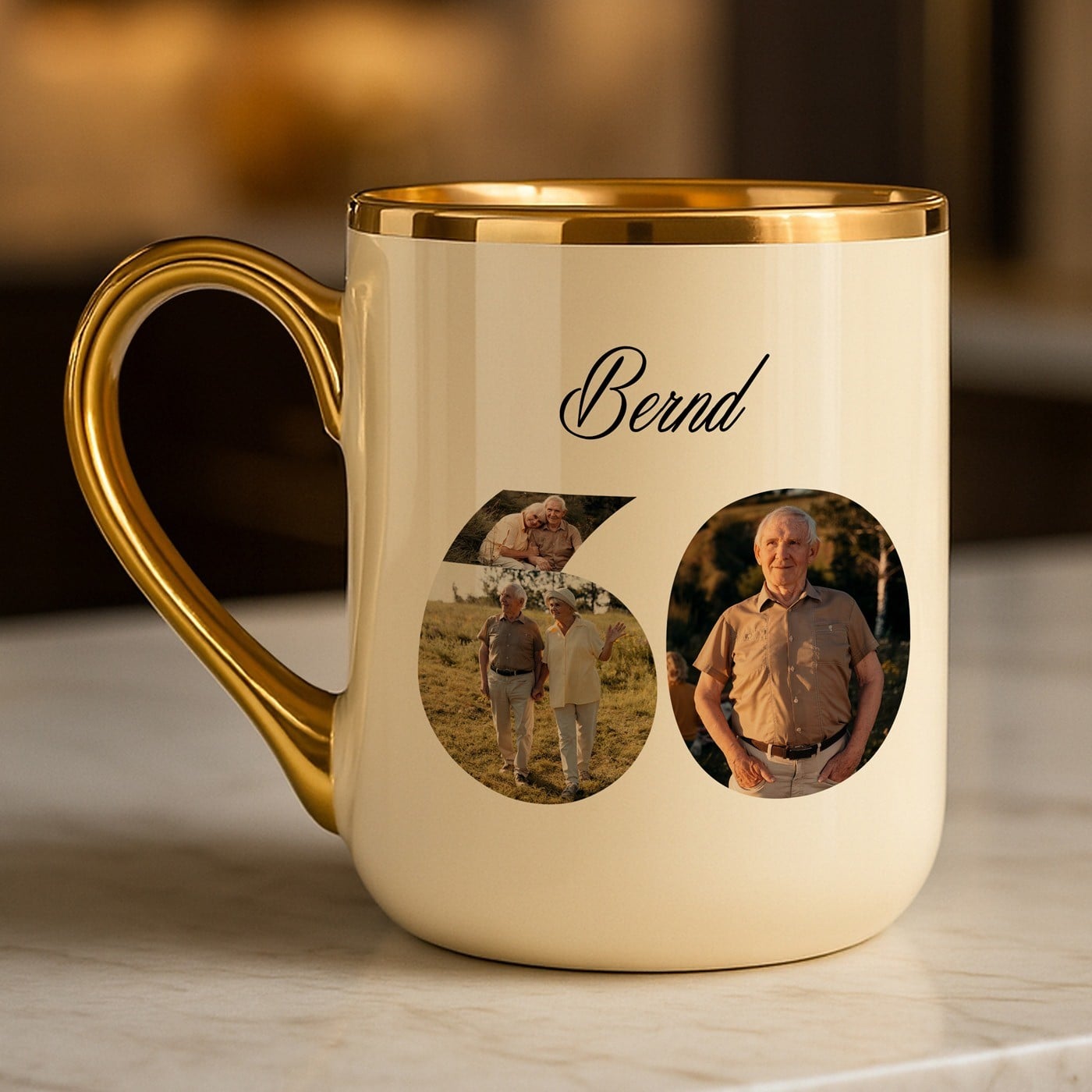 Kaffeebecher mit Goldakzenten und Foto für ihn zum 60. Geburtstag