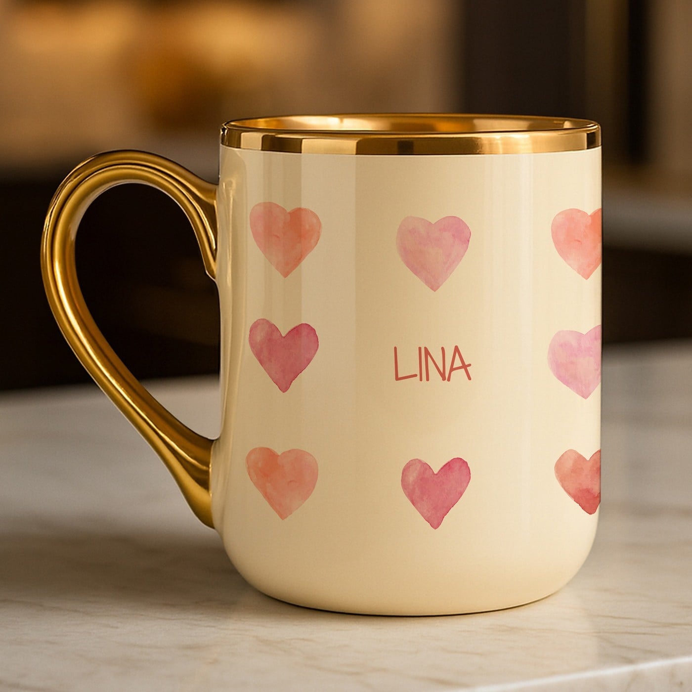 Kaffeebecher mit Goldakzenten und Aufdruck für sie zum Jahrestag, Valentinstag