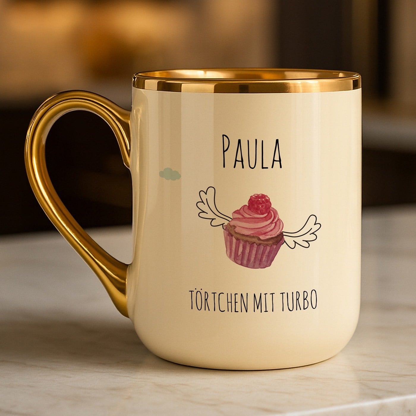 Kaffeebecher mit Goldakzenten und Aufdruck für sie zum Geburtstag