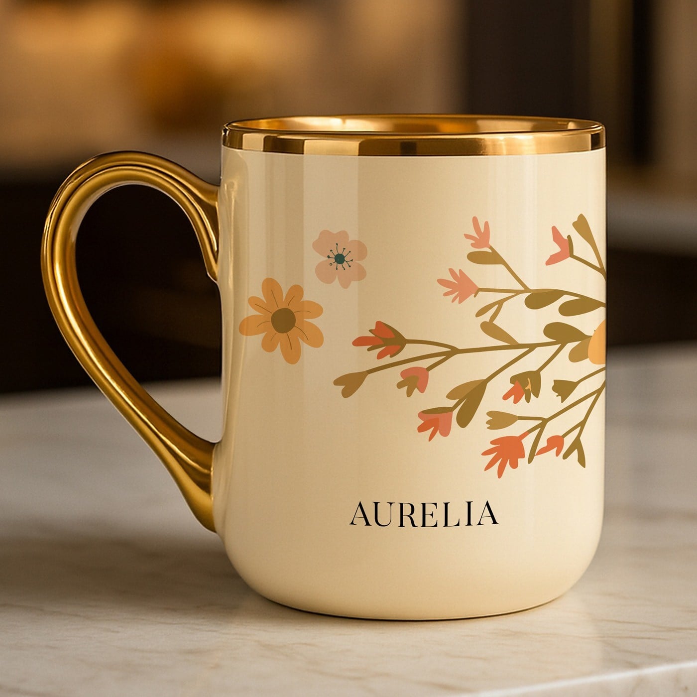 Kaffeebecher mit Goldakzenten und Aufdruck für Ihre Freundin zum Frauentag