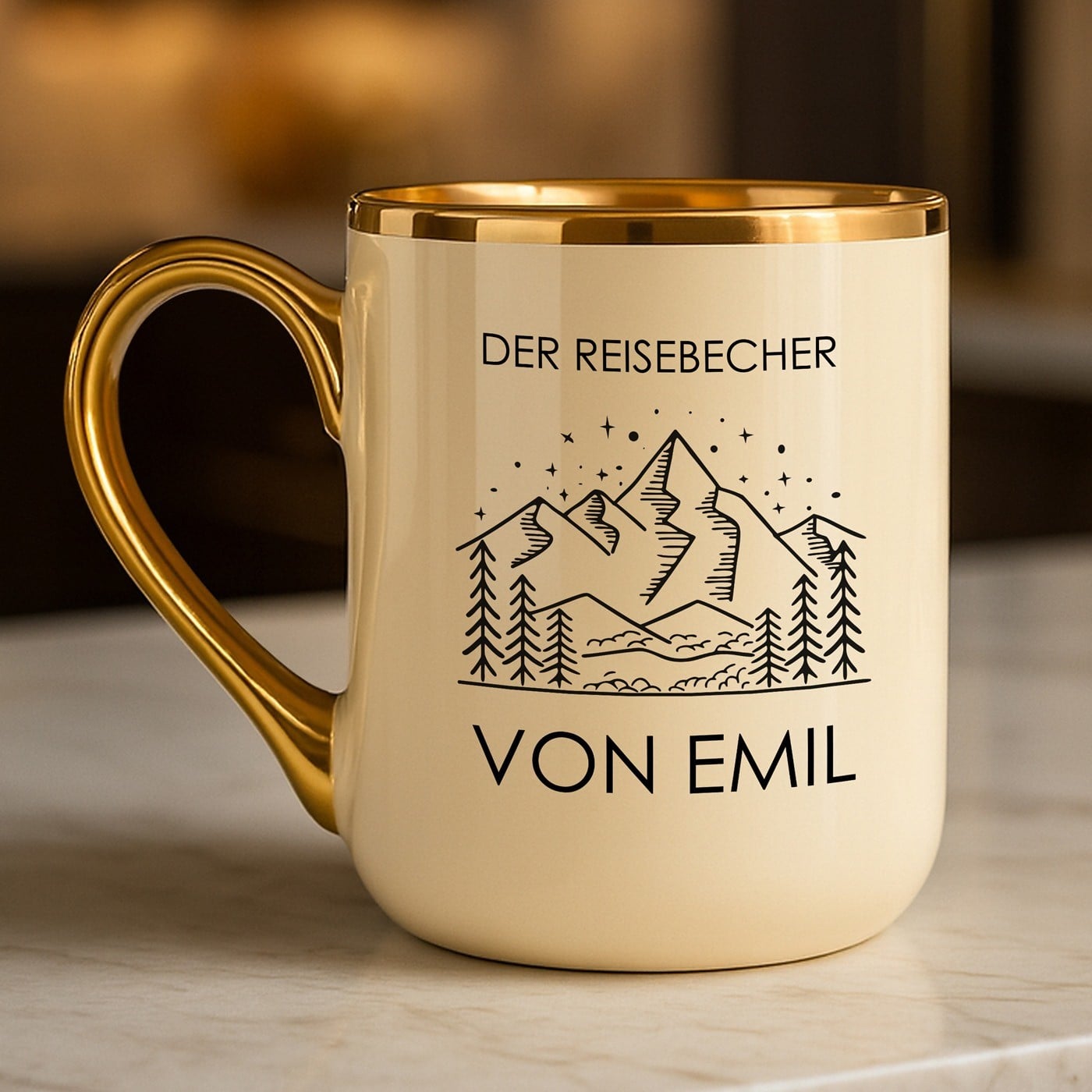 Kaffeebecher mit Goldakzenten und Aufdruck für einen Abenteurer auf Achse zum Geburtstag