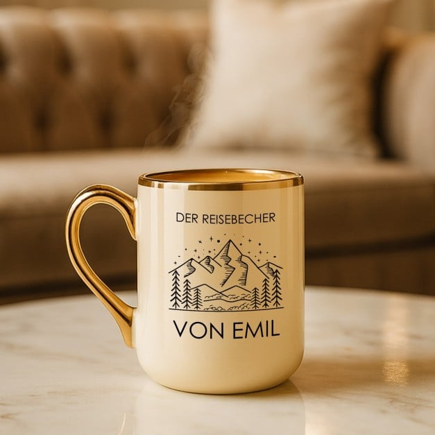 Kaffeebecher mit Goldakzenten und Aufdruck für einen Abenteurer auf Achse zum Geburtstag