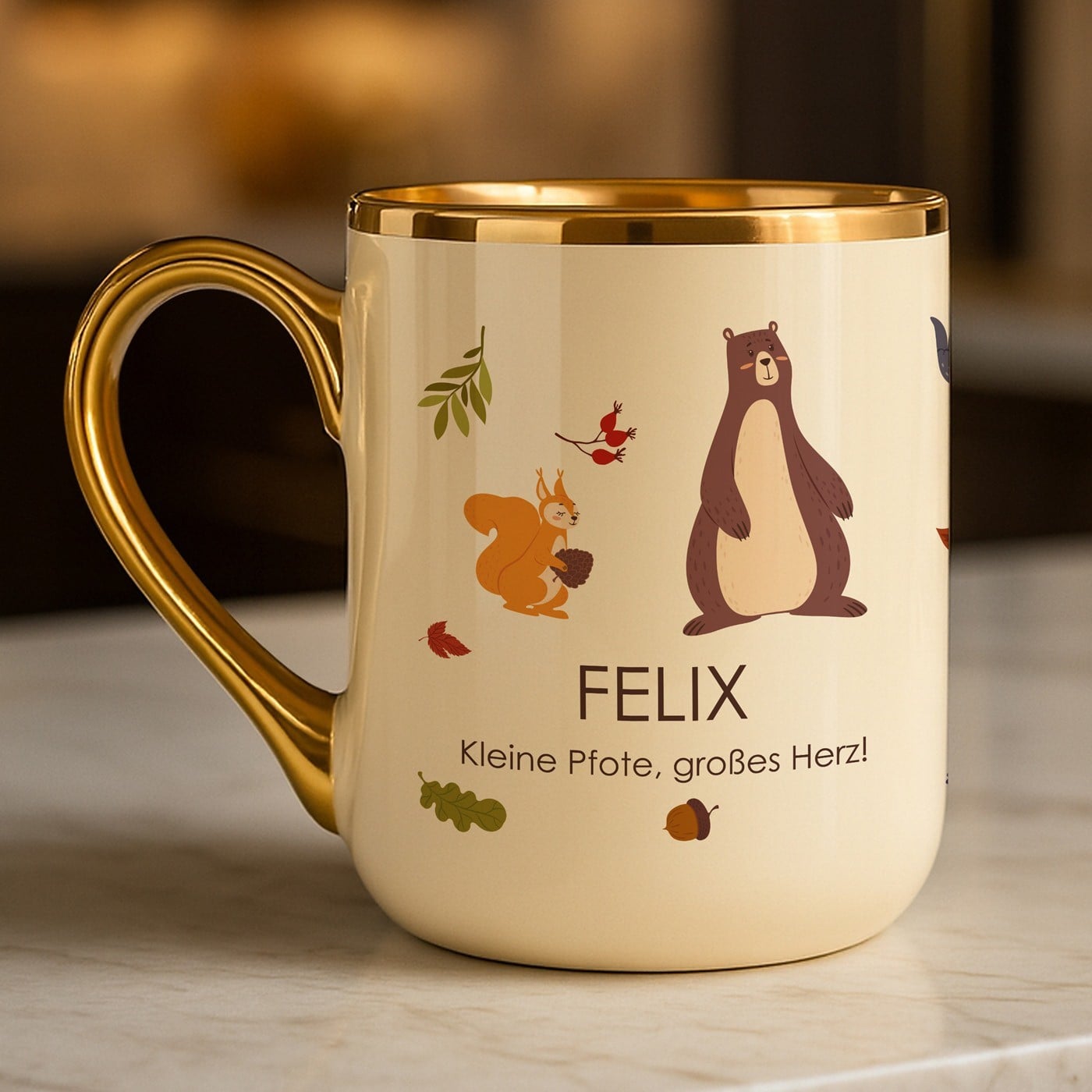 Kaffeebecher mit Goldakzenten und Aufdruck für einen Sohn zum Geburtstag