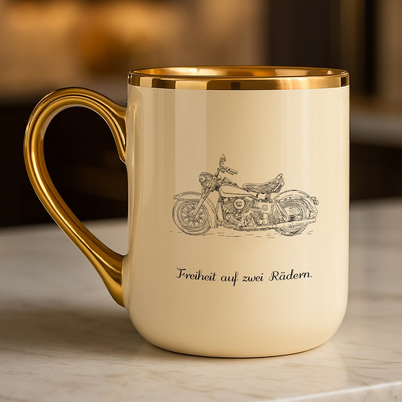 Kaffeebecher mit Goldakzenten und Aufdruck für einen Motorradfahrer