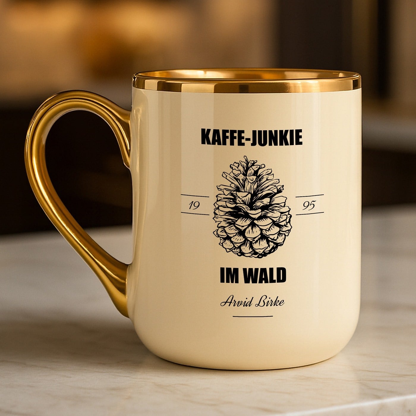 Kaffeebecher mit Goldakzenten und Aufdruck für einen Mann zum Geburtstag
